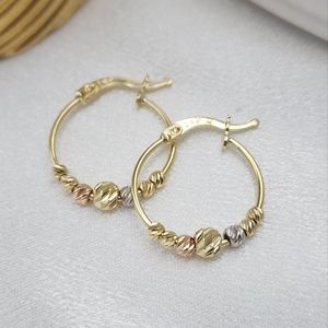 Solid 14k Gold Small Beads Hoops Earrings - 19mm